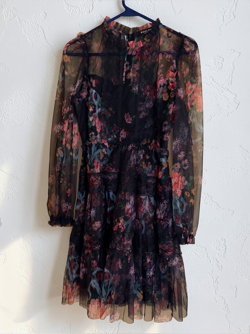 Beulah Black Lace Floral Mini Boho Mini Long Sleeve Dress Medium